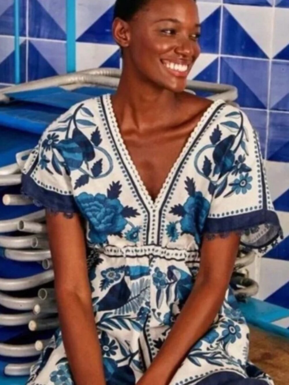 Farm Rio Tropical Tiles linen blend dress